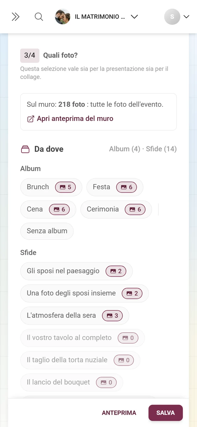 Sezione 3/4 Quali foto con album, sfide e tipo di media