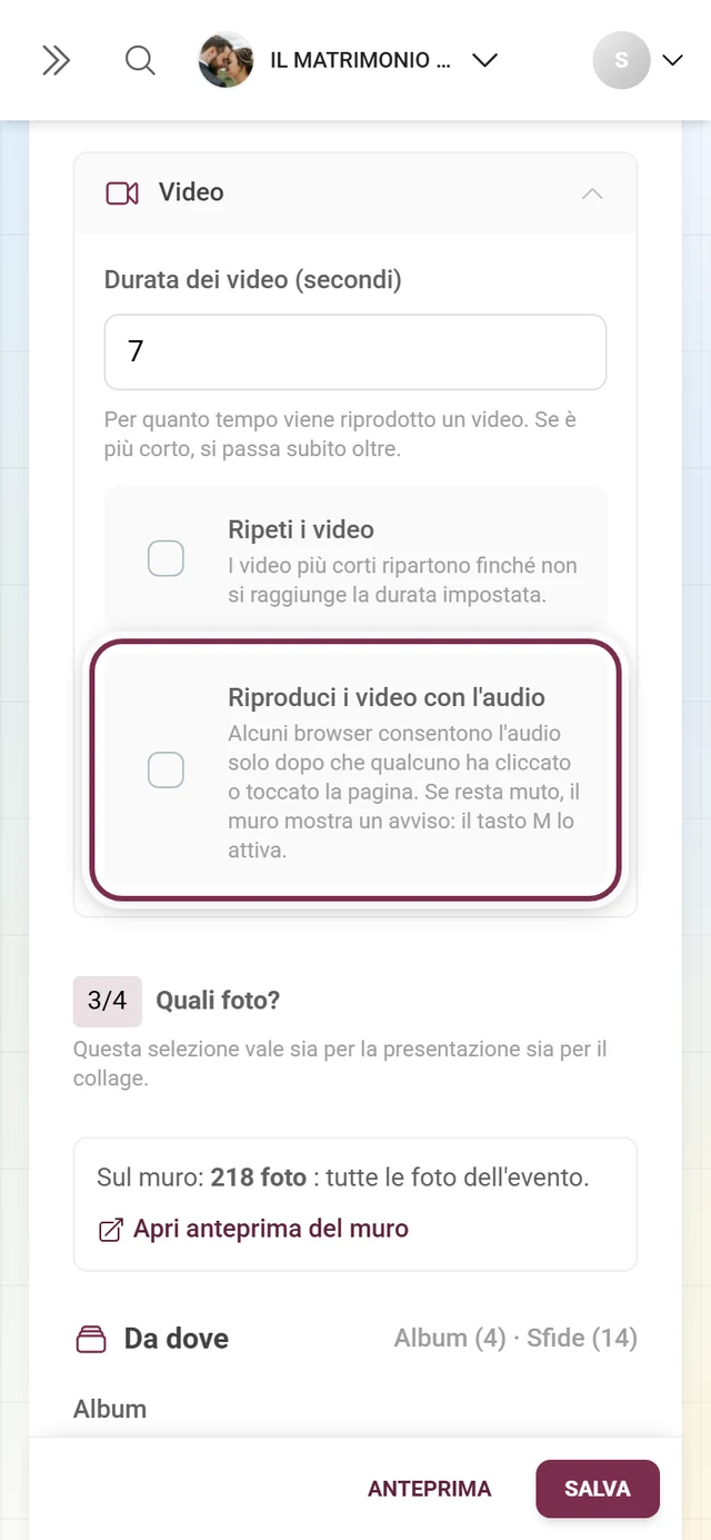 Sezione aperta Video con l'interruttore evidenziato Riproduci i video con l'audio