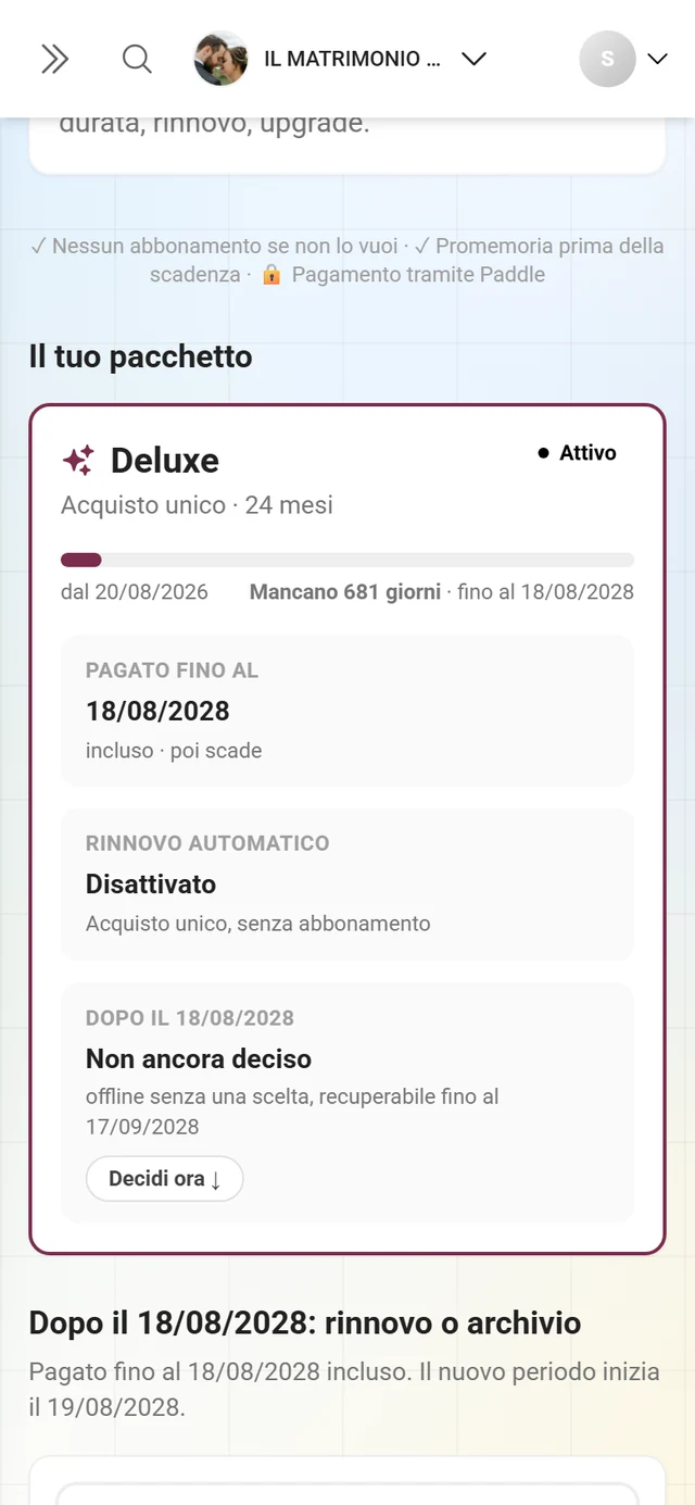 Scheda Il tuo pacchetto con nome del pacchetto, pillola Attivo, barra della durata e i riquadri Pagato fino al, Rinnovo automatico e Dopo la data di scadenza