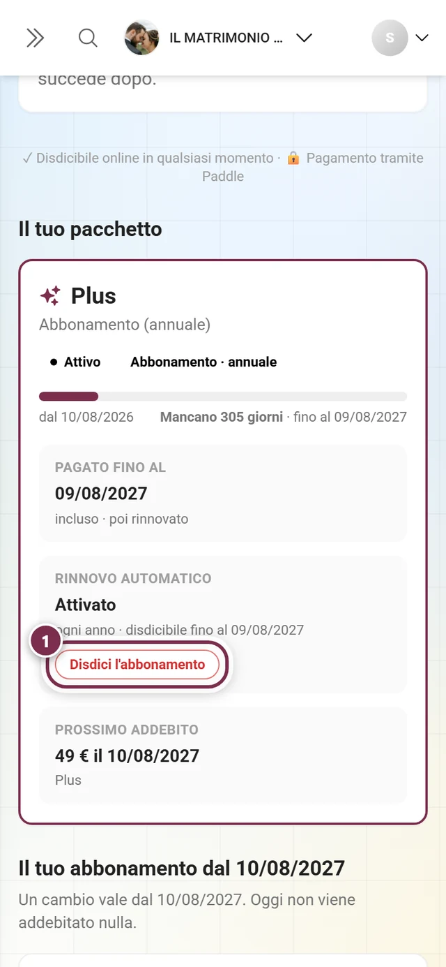 Scheda Il tuo pacchetto con le pillole Attivo e Abbonamento · annuale, i riquadri Rinnovo automatico Attivato e Prossimo addebito e il pulsante Disdici l'abbonamento