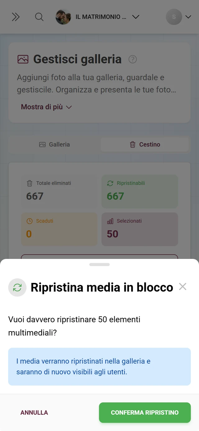 Finestra Ripristina media in blocco con il numero di elementi e il riquadro informativo blu