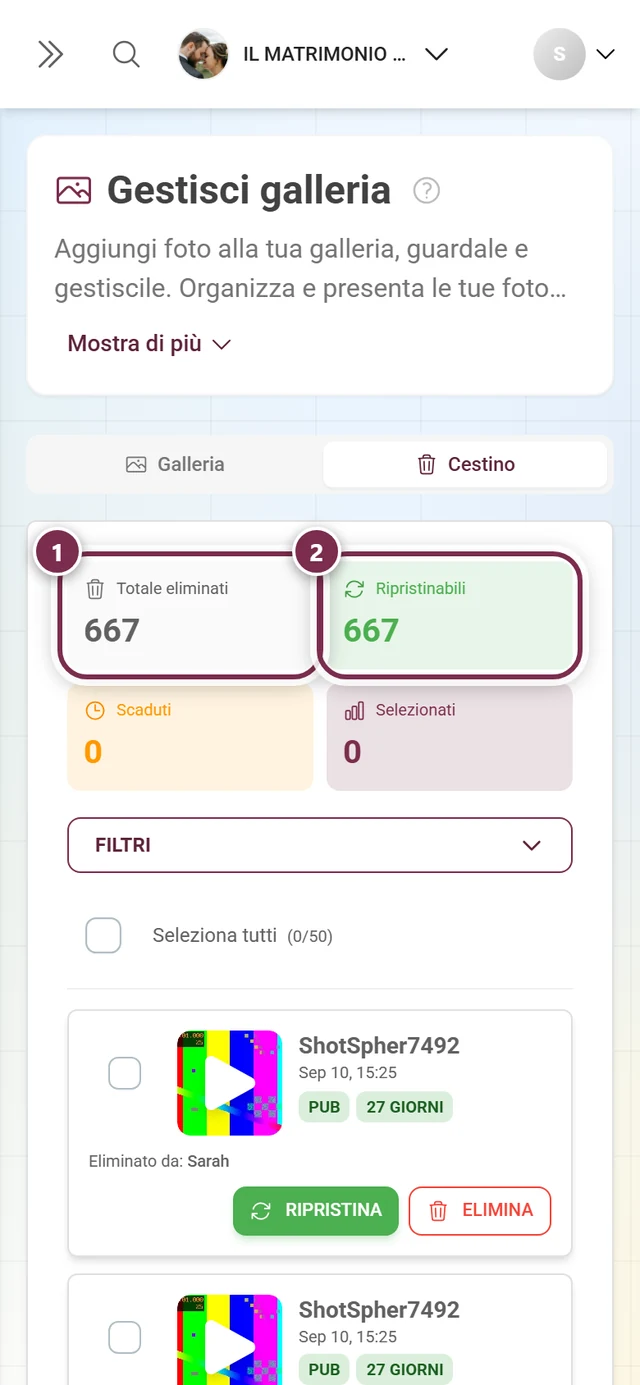 Riquadri delle statistiche del cestino, con Totale eliminati e Ripristinabili evidenziati