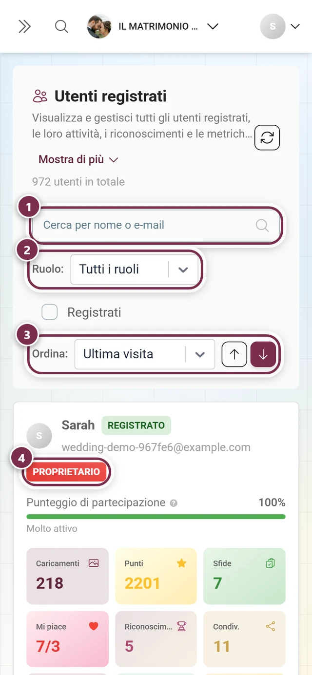 Elenco degli utenti registrati con campo di ricerca, filtro per ruolo, ordinamento ed etichetta del ruolo evidenziati