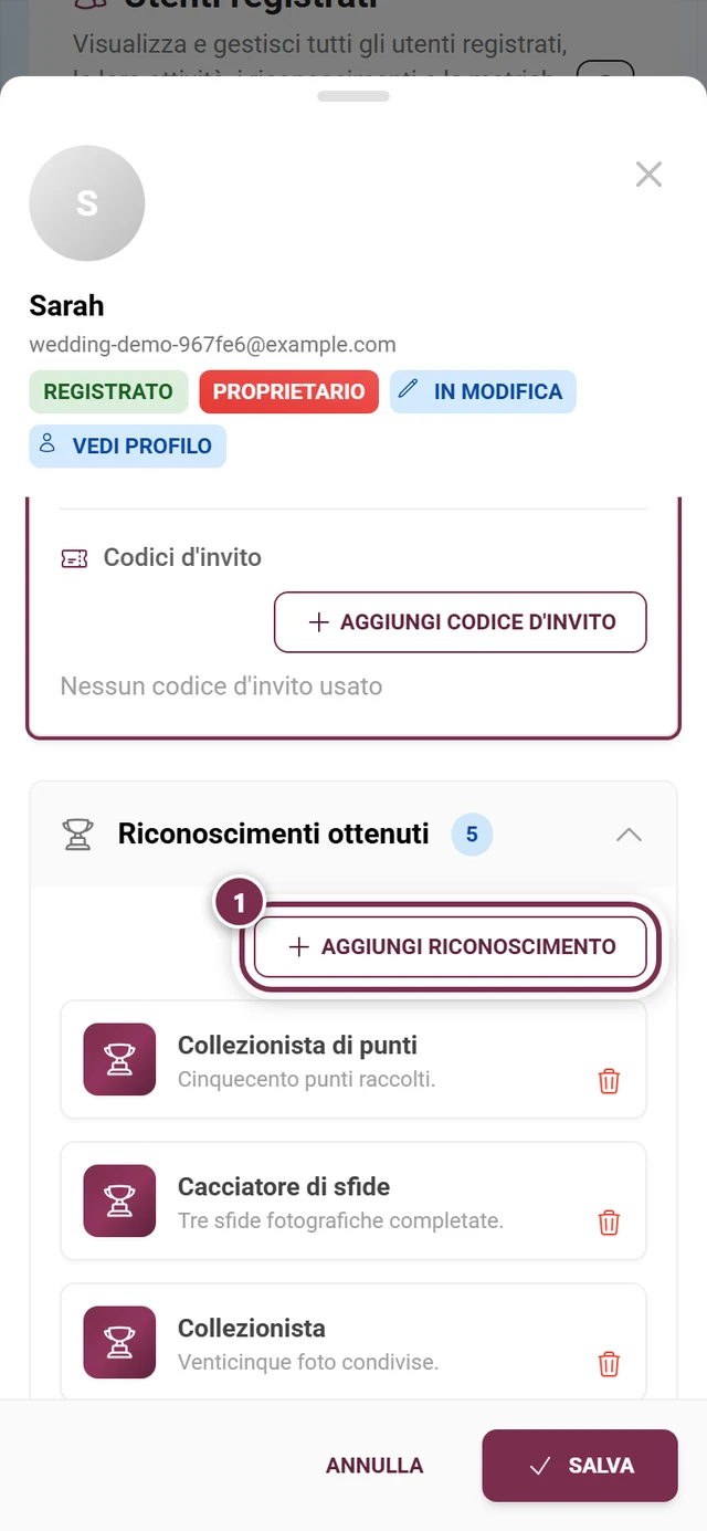 Sezione riconoscimenti nella finestra del partecipante con il pulsante Aggiungi riconoscimento evidenziato