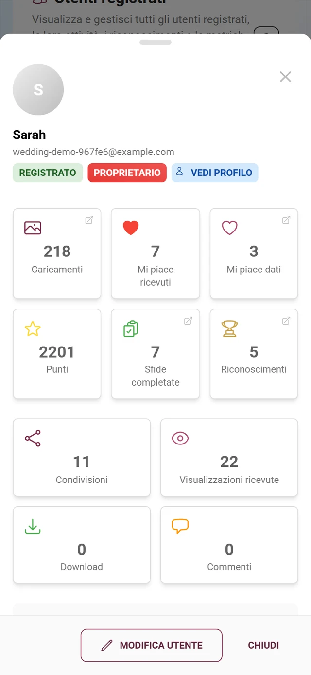 Finestra dei dettagli di un utente con riquadri degli indicatori, panoramica dei caricamenti e barra della partecipazione
