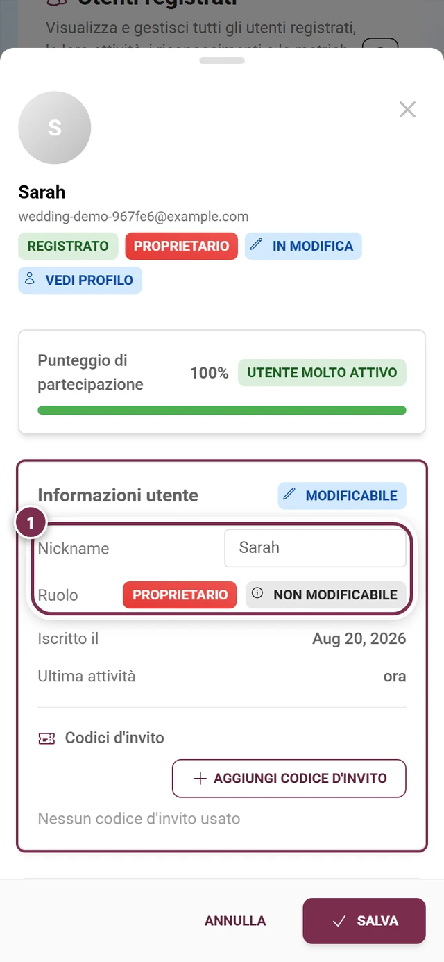 Finestra dei dettagli di un partecipante in modalità modifica con la riga del ruolo evidenziata