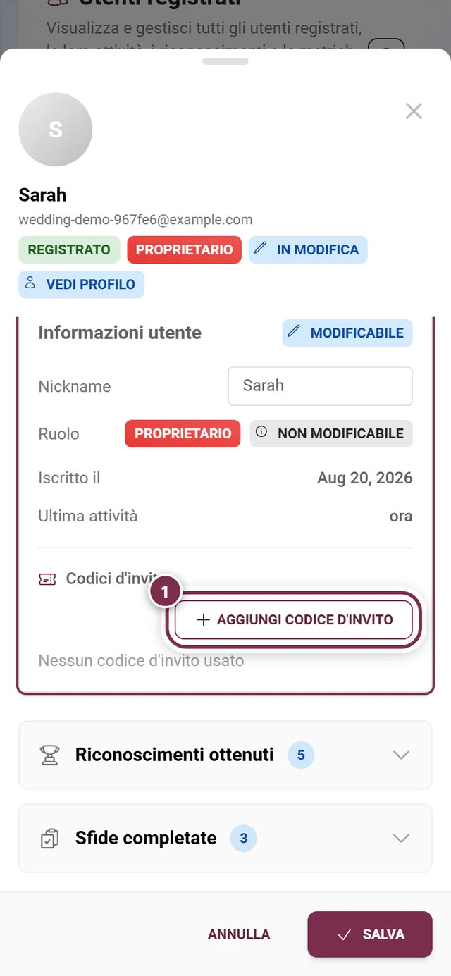 Sezione Codici d'invito nella finestra del partecipante con il pulsante Aggiungi evidenziato