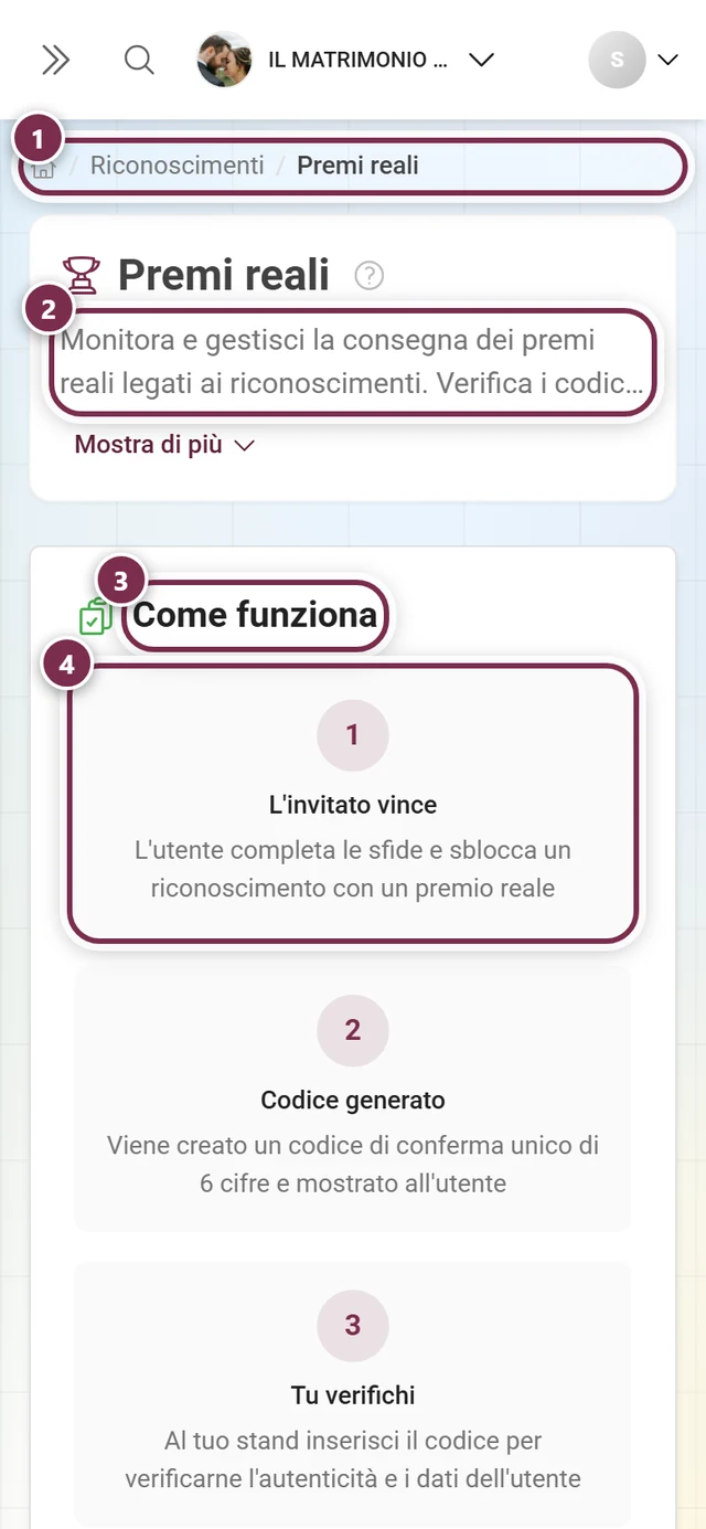 Pagina Premi reali con briciole di pane, intestazione, scheda esplicativa e primo passaggio evidenziati