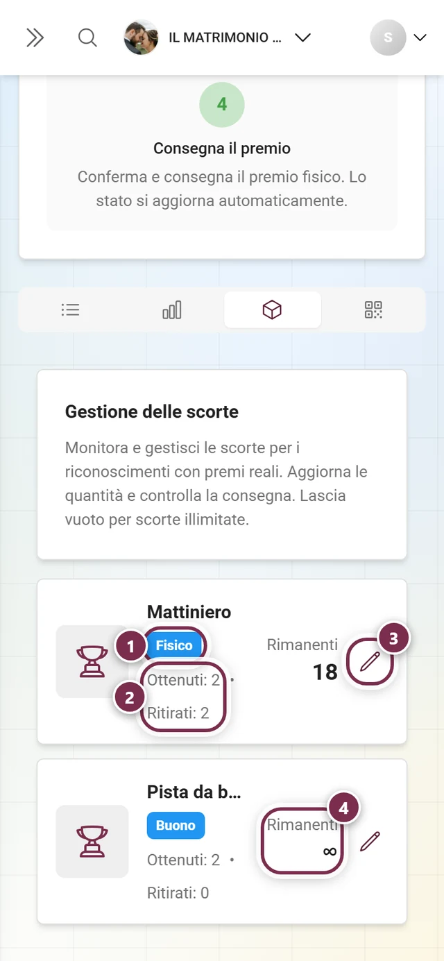 Scheda Scorte con chip del tipo, contatori, icona della matita e scorta illimitata evidenziati