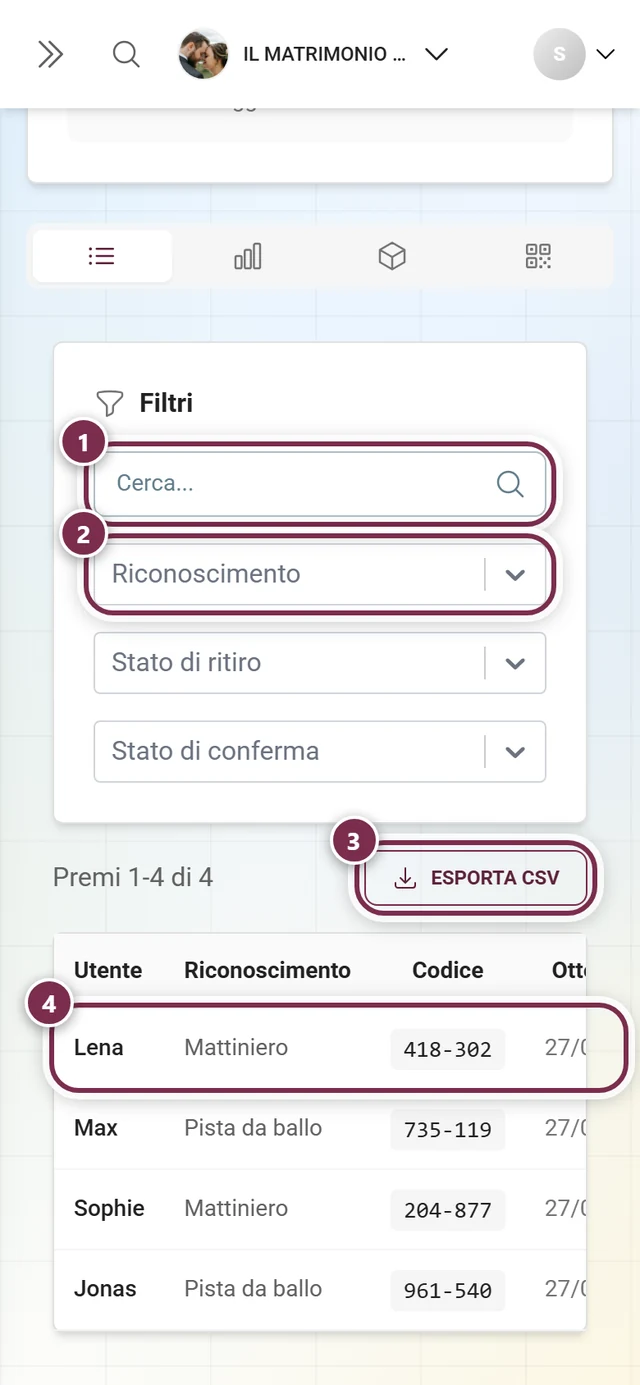 Scheda Tutti i premi con ricerca, filtro per riconoscimento, pulsante di esportazione e prima riga della tabella evidenziati