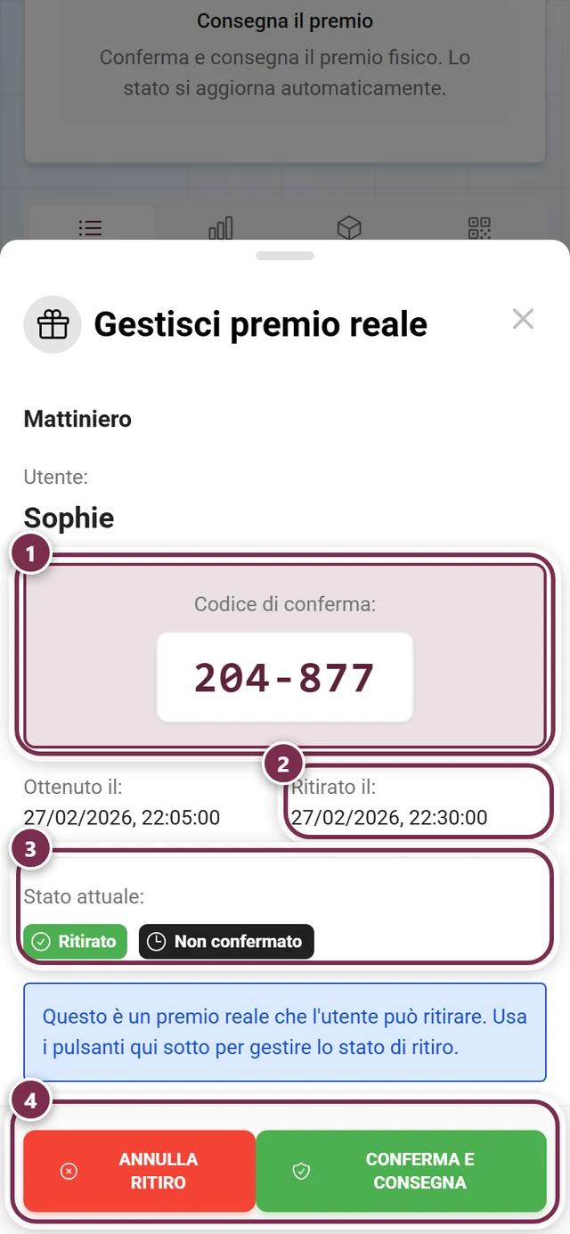 Finestra Gestisci premio reale con codice, data di ritiro, chip di stato e i due pulsanti evidenziati