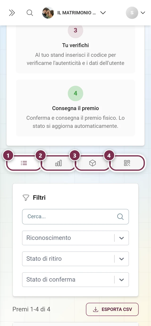 Le quattro schede della pagina Premi reali evidenziate singolarmente