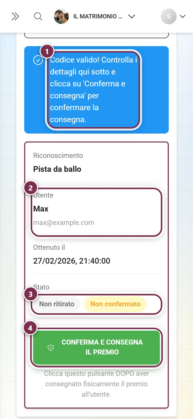 Scheda Verifica codice dopo una verifica riuscita con messaggio, scheda di dettaglio, chip di stato e pulsante verde