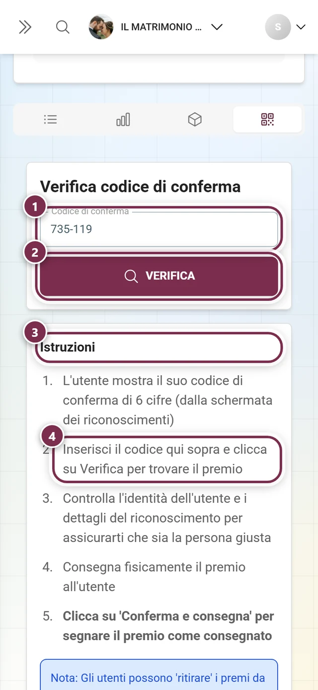 Scheda Verifica codice con codice digitato, campo di inserimento, pulsante Verifica e istruzioni evidenziati