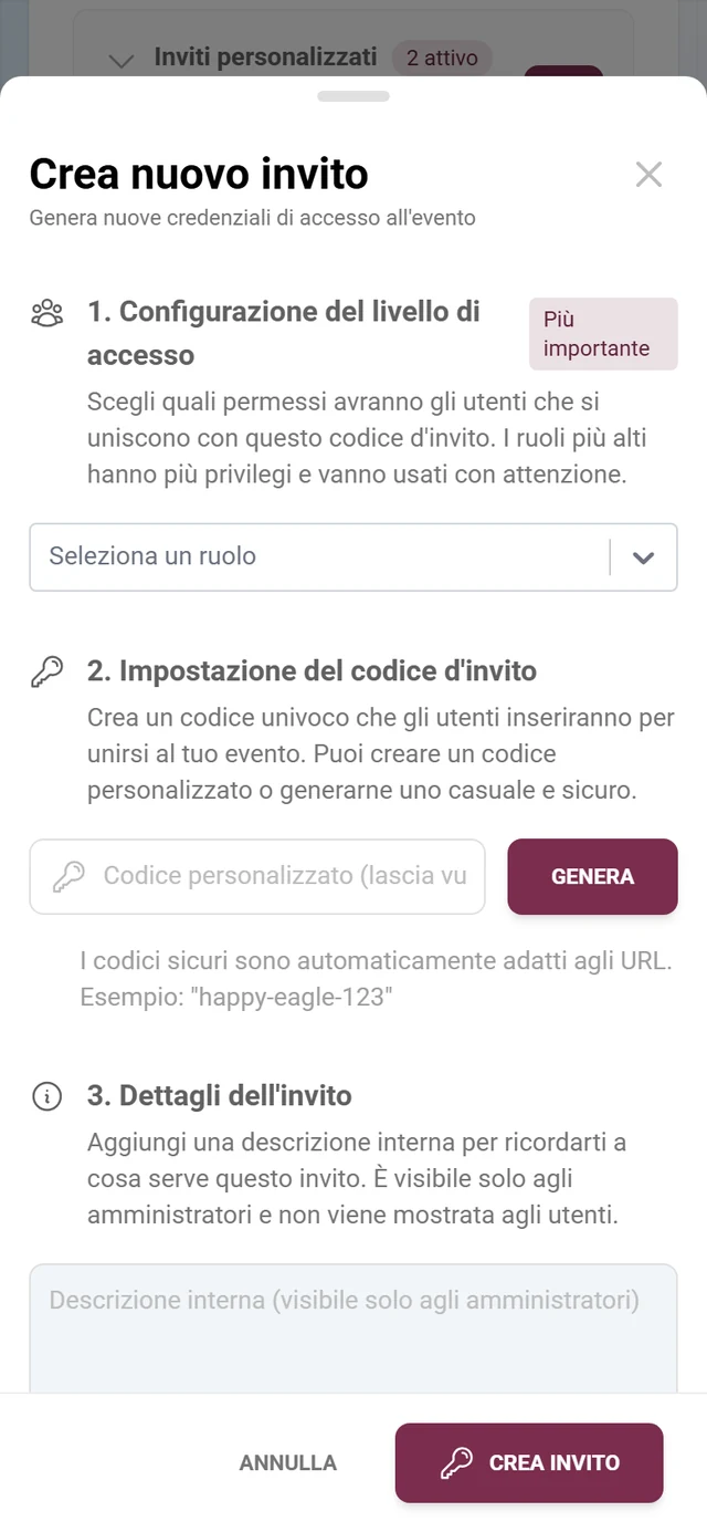 Finestra per creare un invito con selezione del ruolo e codice d'invito