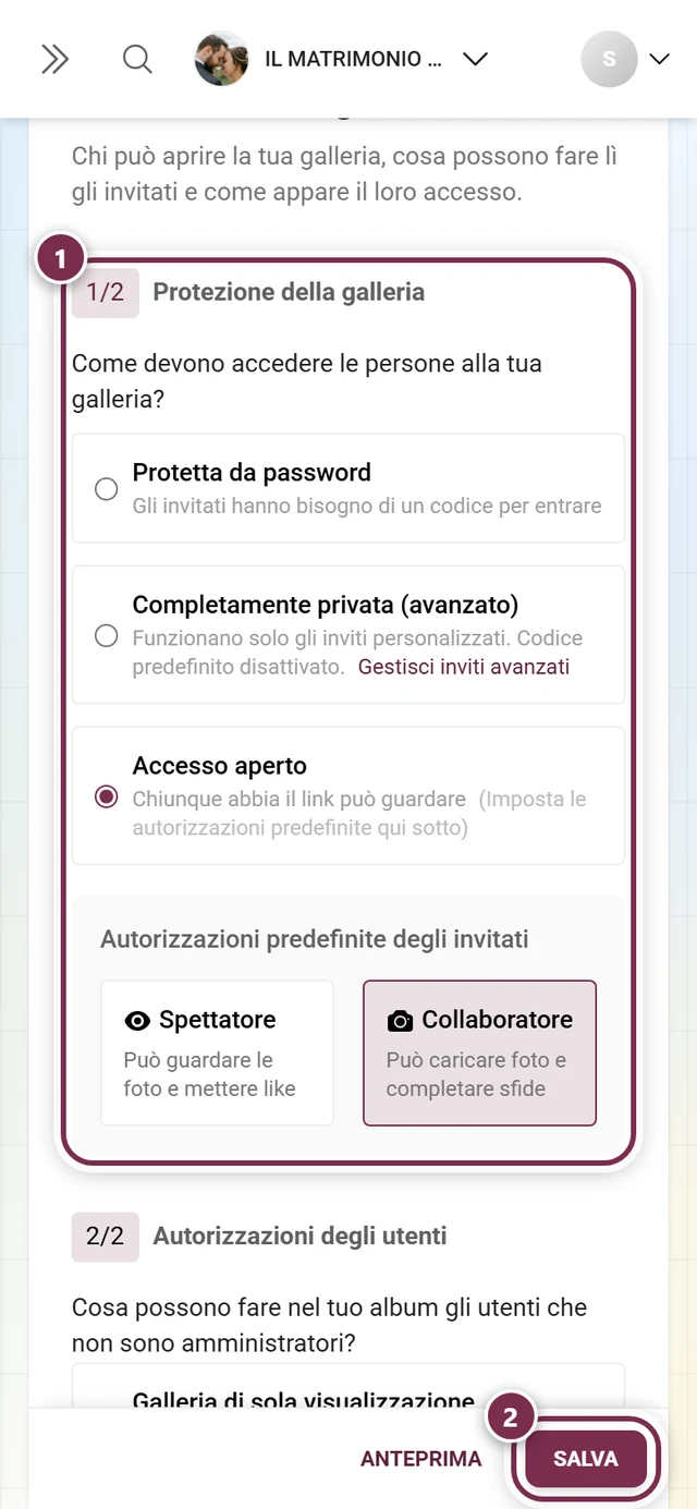 Sezione Protezione della galleria nella scheda Accesso con evidenziazione e barra di salvataggio