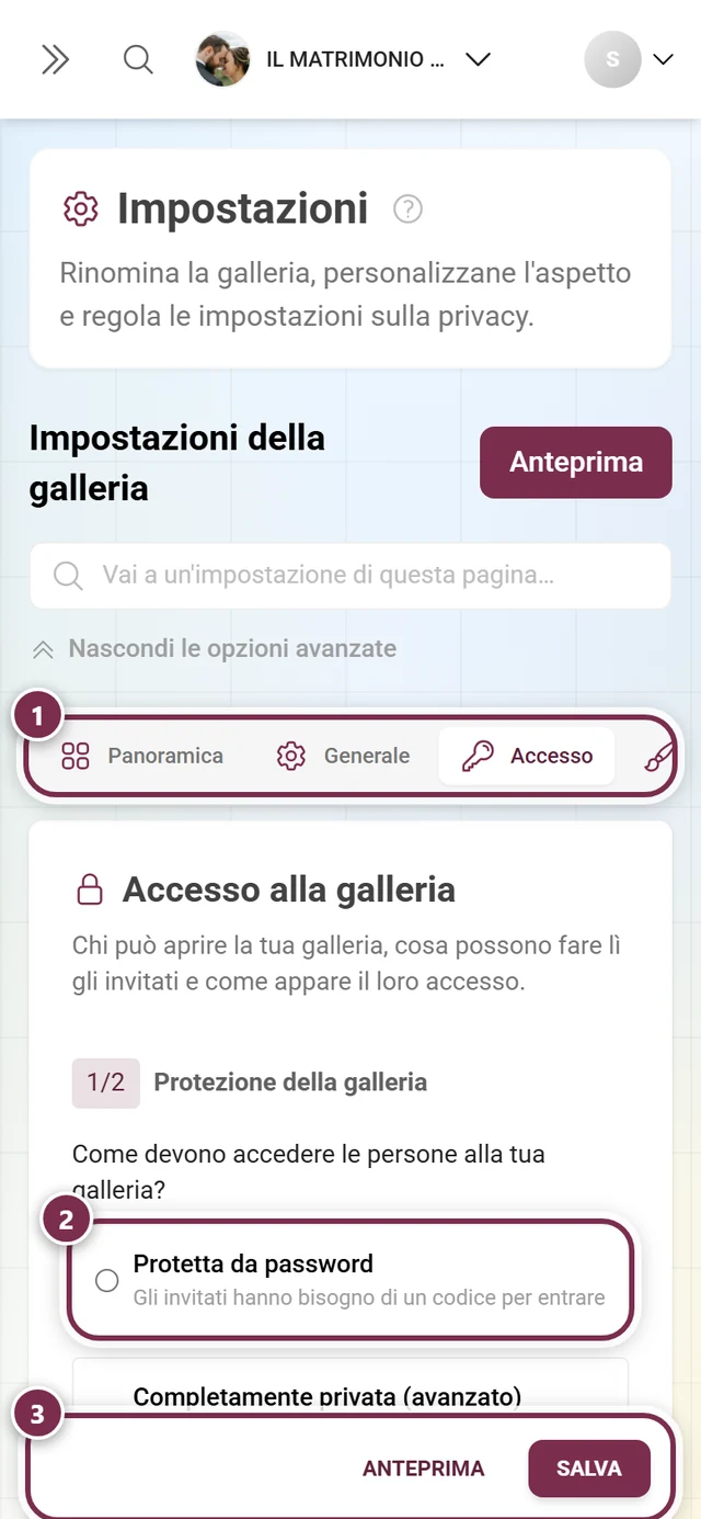 La scheda Accesso delle impostazioni della galleria con protezione della galleria, autorizzazioni degli utenti e codici d'invito