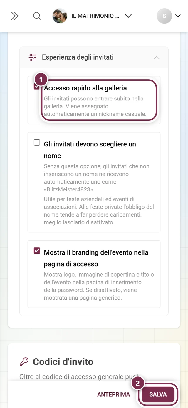 Scheda Accesso con la riga Accesso rapido alla galleria e il pulsante Salva modifiche evidenziati