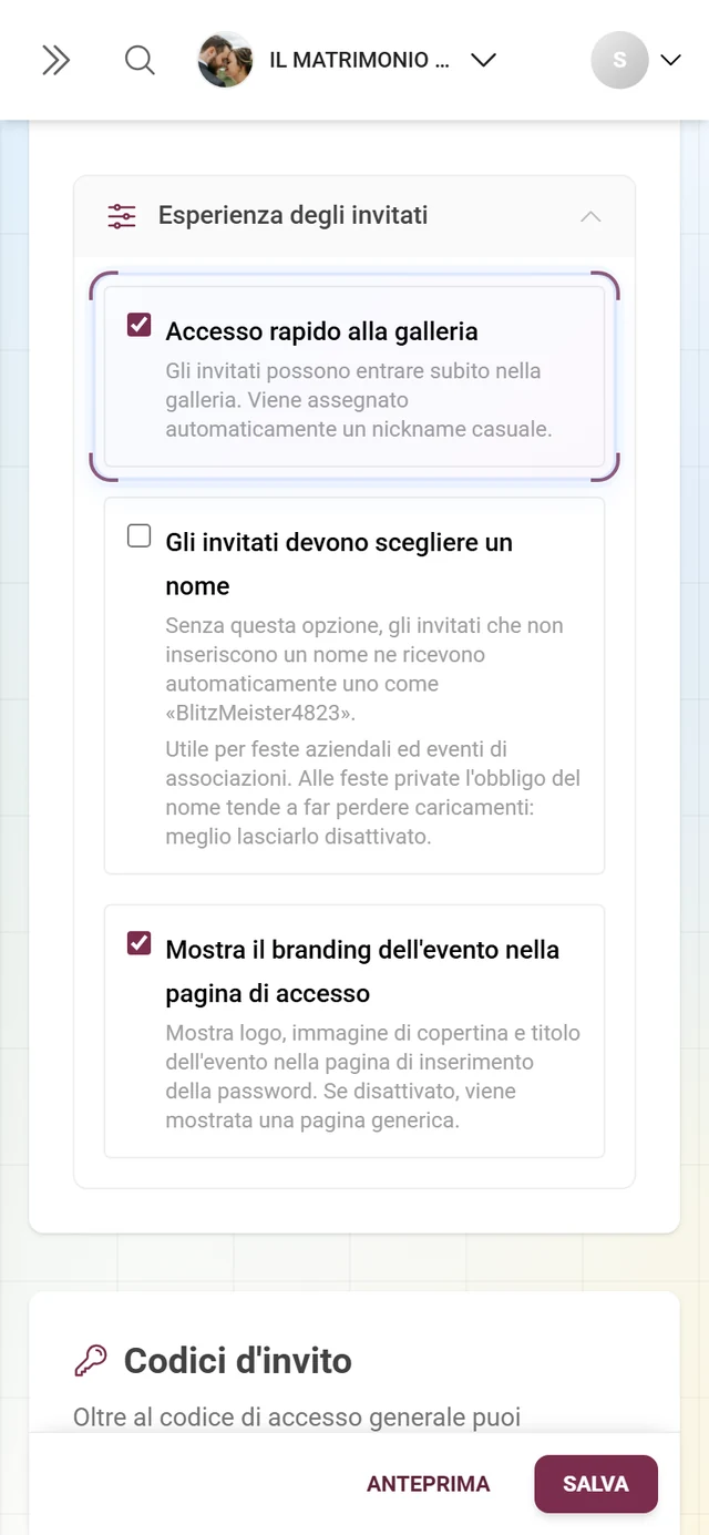 Sezione richiudibile Esperienza degli invitati aperta con le caselle Accesso rapido alla galleria, Gli invitati devono scegliere un nome e Mostra il branding dell'evento nella pagina di accesso