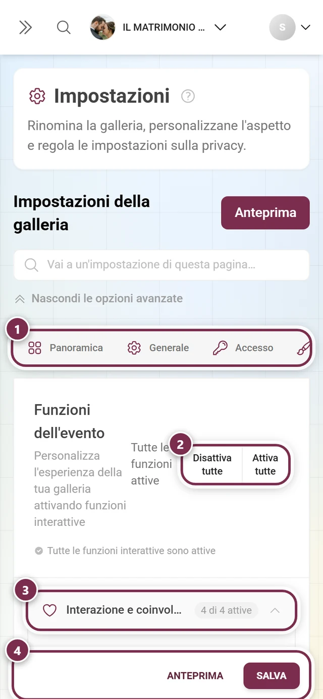 La scheda Funzioni della galleria con sezioni a fisarmonica e interruttori per like, commenti, download e altro