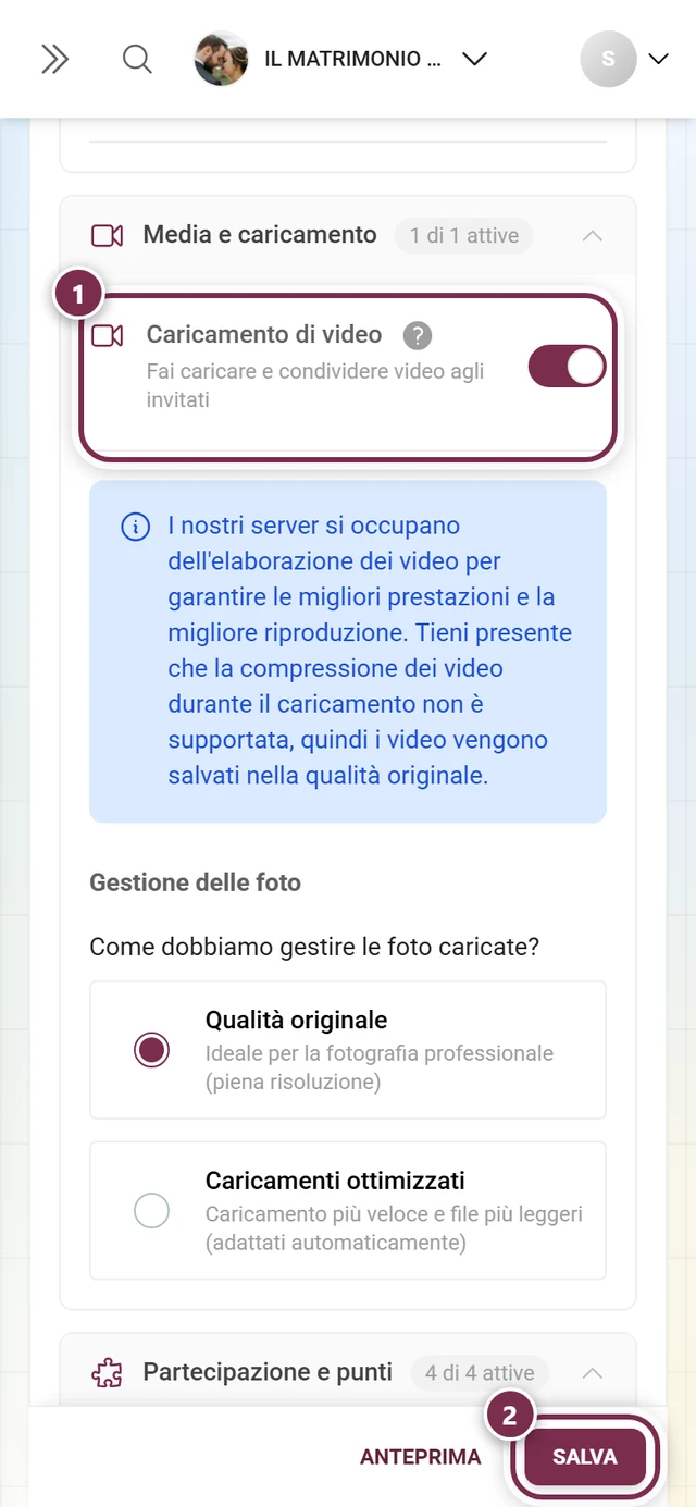Scheda funzione Caricamento di video con interruttore evidenziato e barra di salvataggio