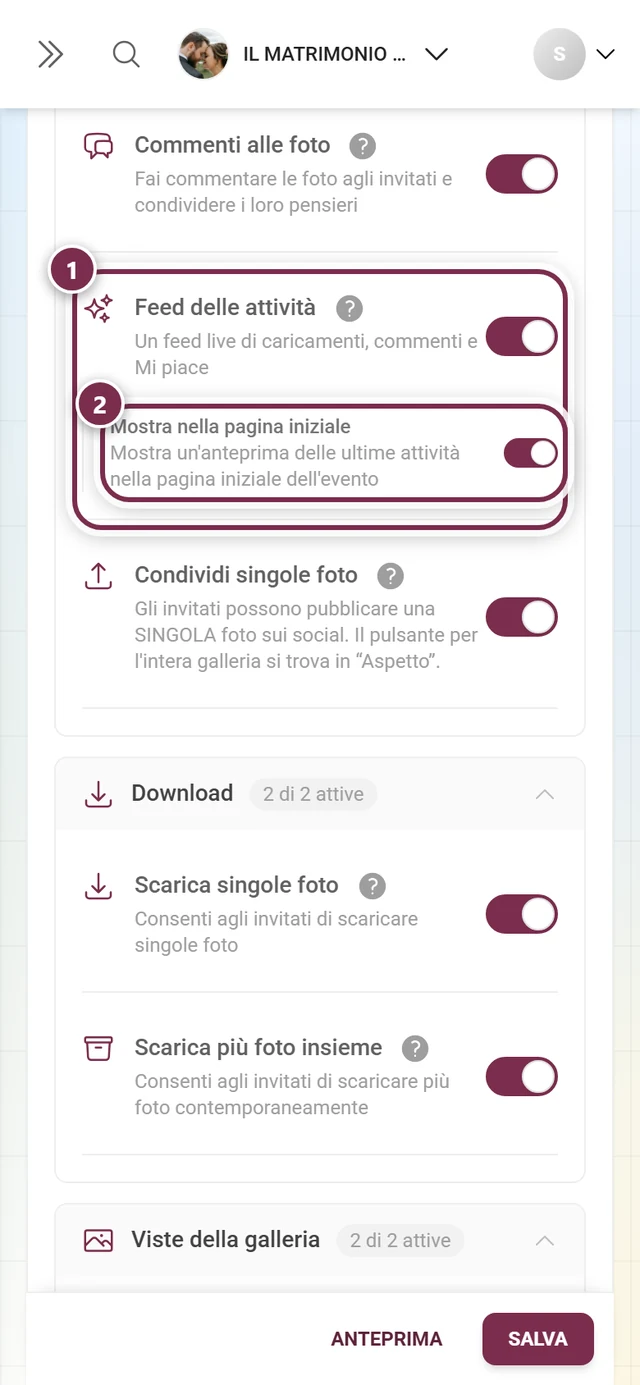 Scheda Feed delle attività con il suo interruttore e il sotto-interruttore Mostra nella pagina iniziale