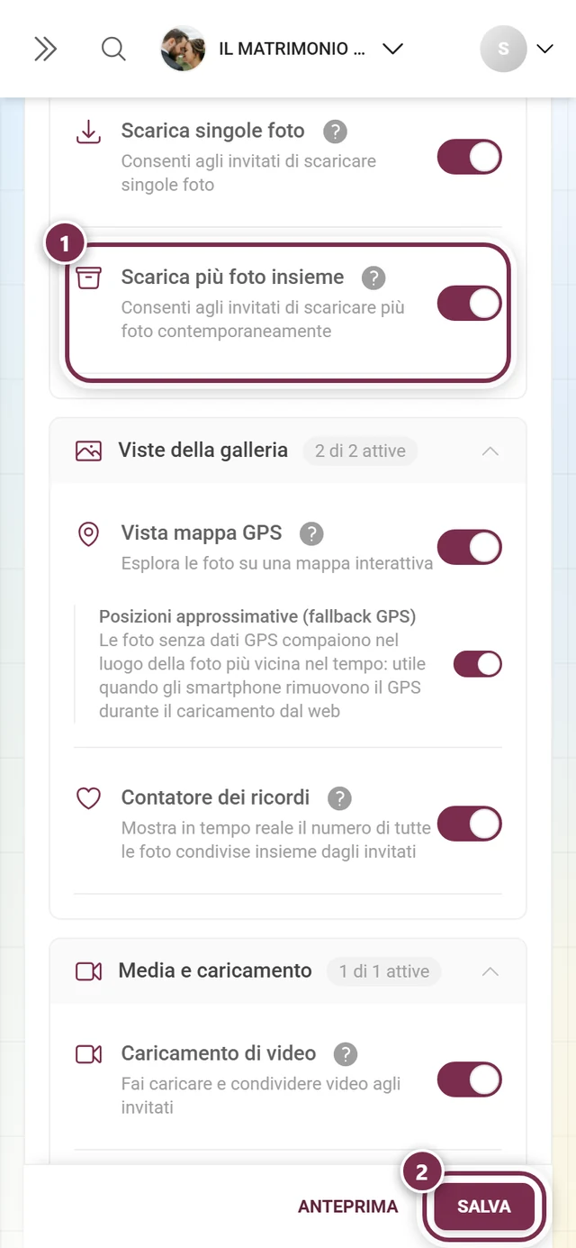 Scheda funzione per il download multiplo con interruttore evidenziato e barra di salvataggio