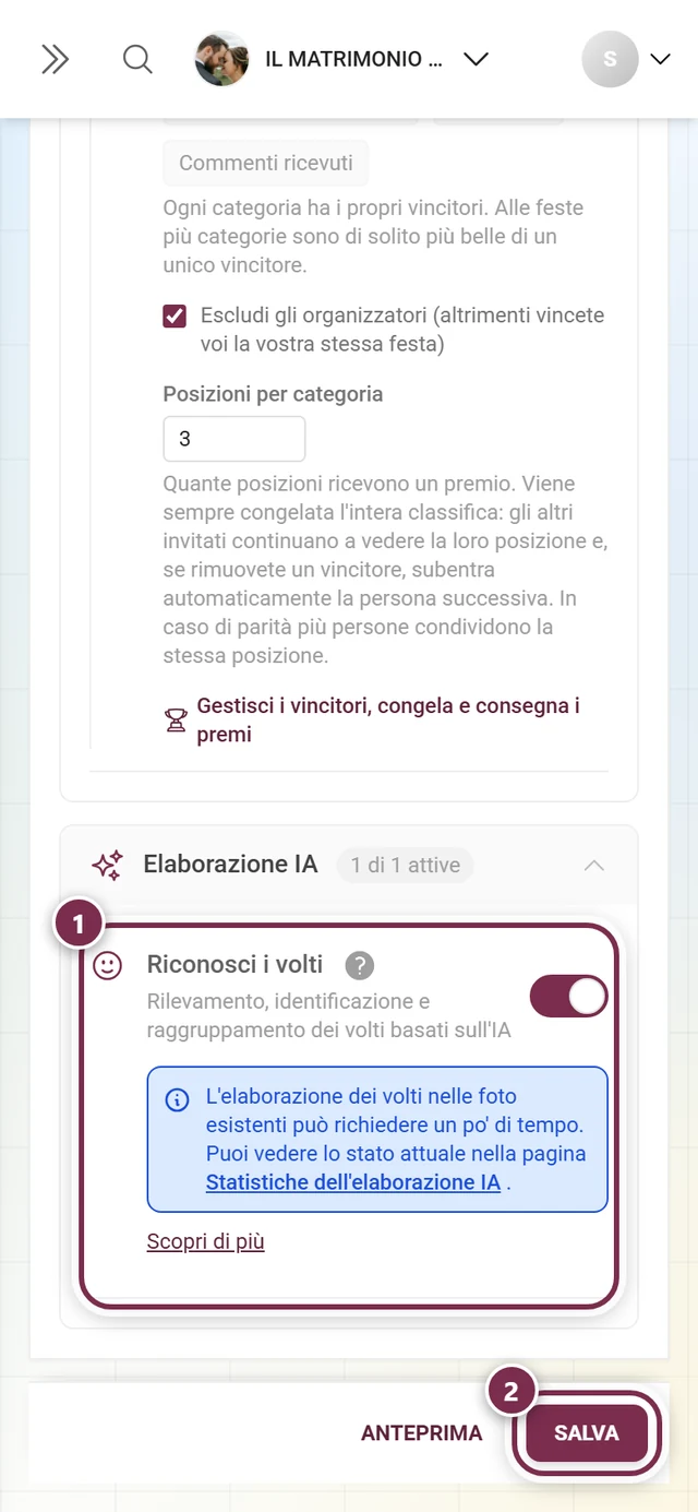 Scheda funzione Riconosci i volti con interruttore evidenziato e barra di salvataggio