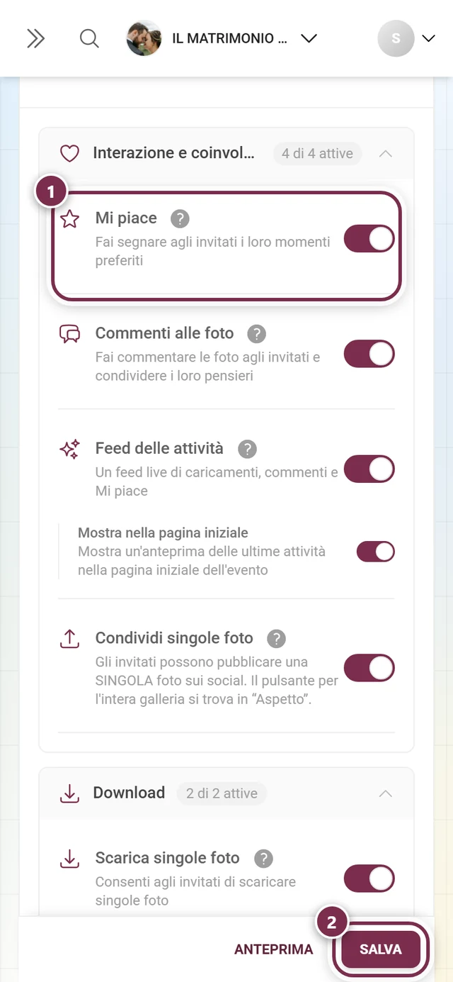 Scheda funzione Like con interruttore evidenziato e barra di salvataggio evidenziata
