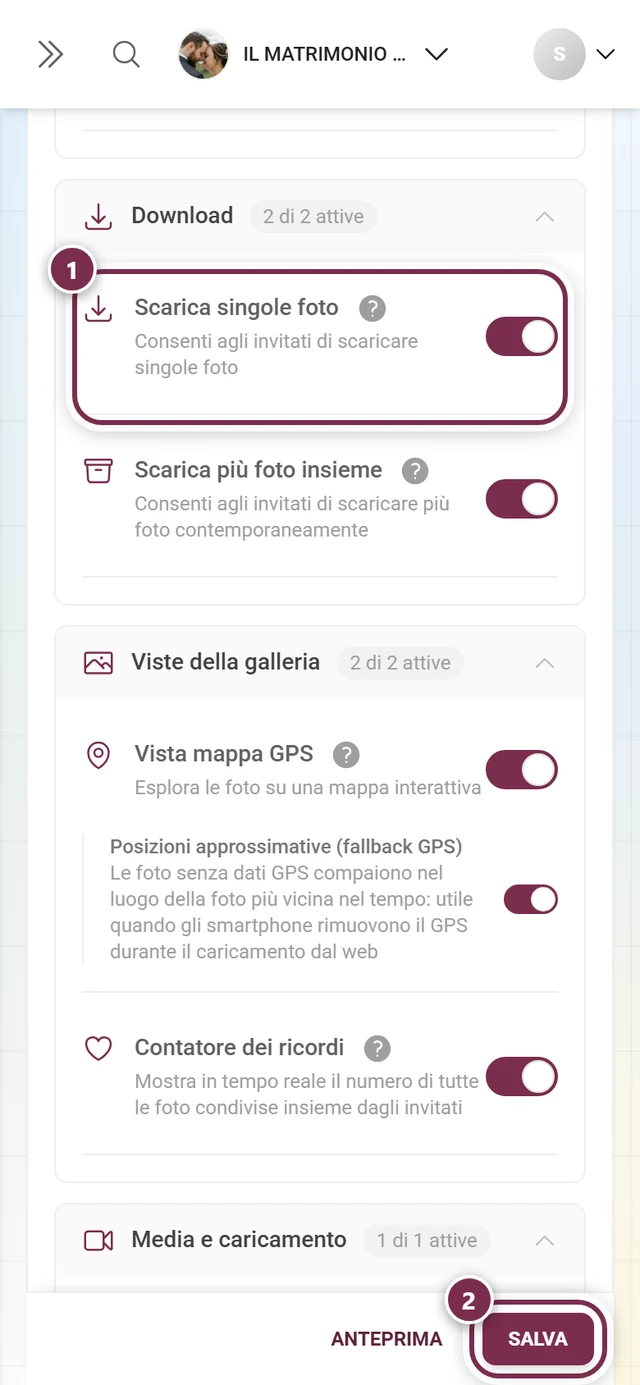 Impostazioni: Funzioni con l'interruttore evidenziato Scarica singole foto