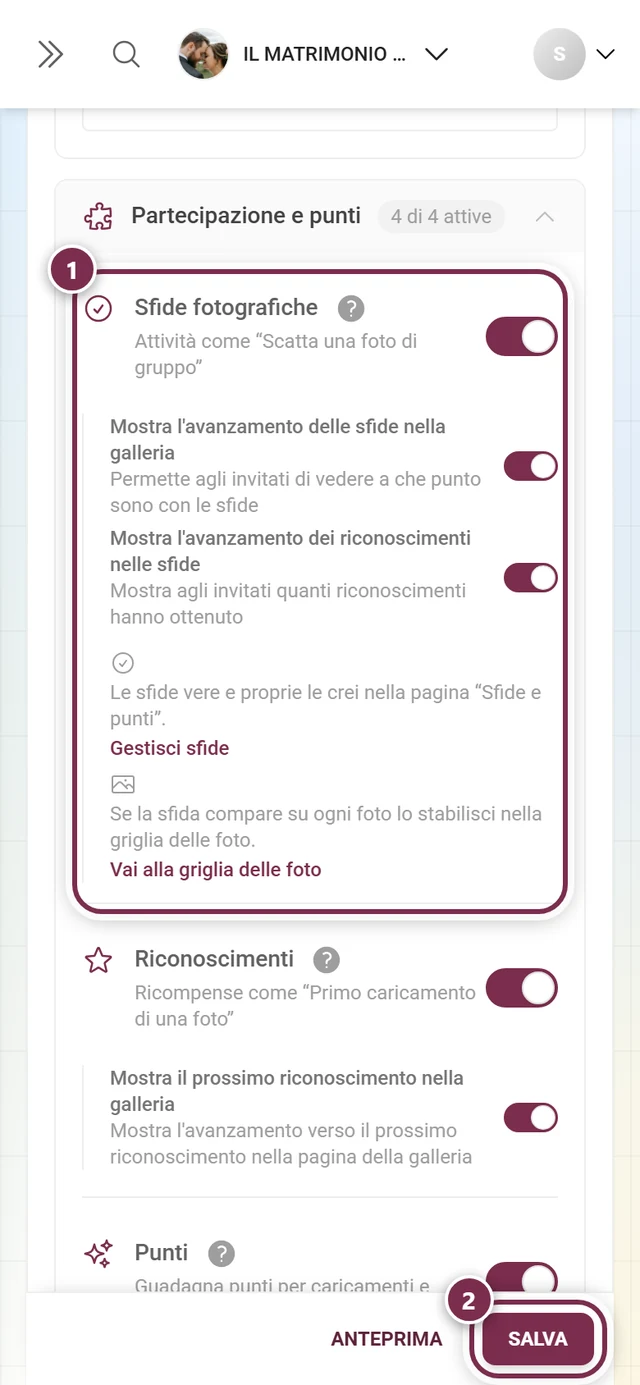 Scheda funzione Sfide fotografiche con interruttore evidenziato e barra di salvataggio