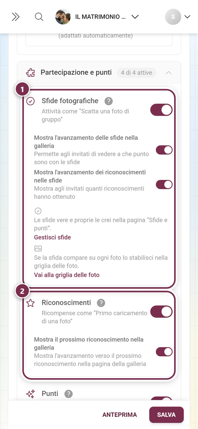 Sezione Partecipazione e punti con sfide fotografiche, riconoscimenti, punti e classifica