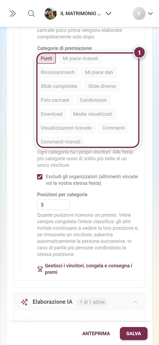 Le tredici categorie di premiazione come chip, Punti è selezionato, diversi sono in grigio