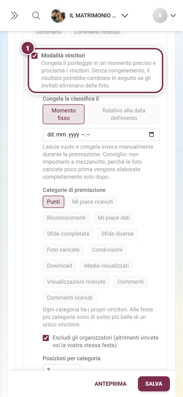 La casella Modalità vincitori nella scheda Classifica, con il testo esplicativo sotto