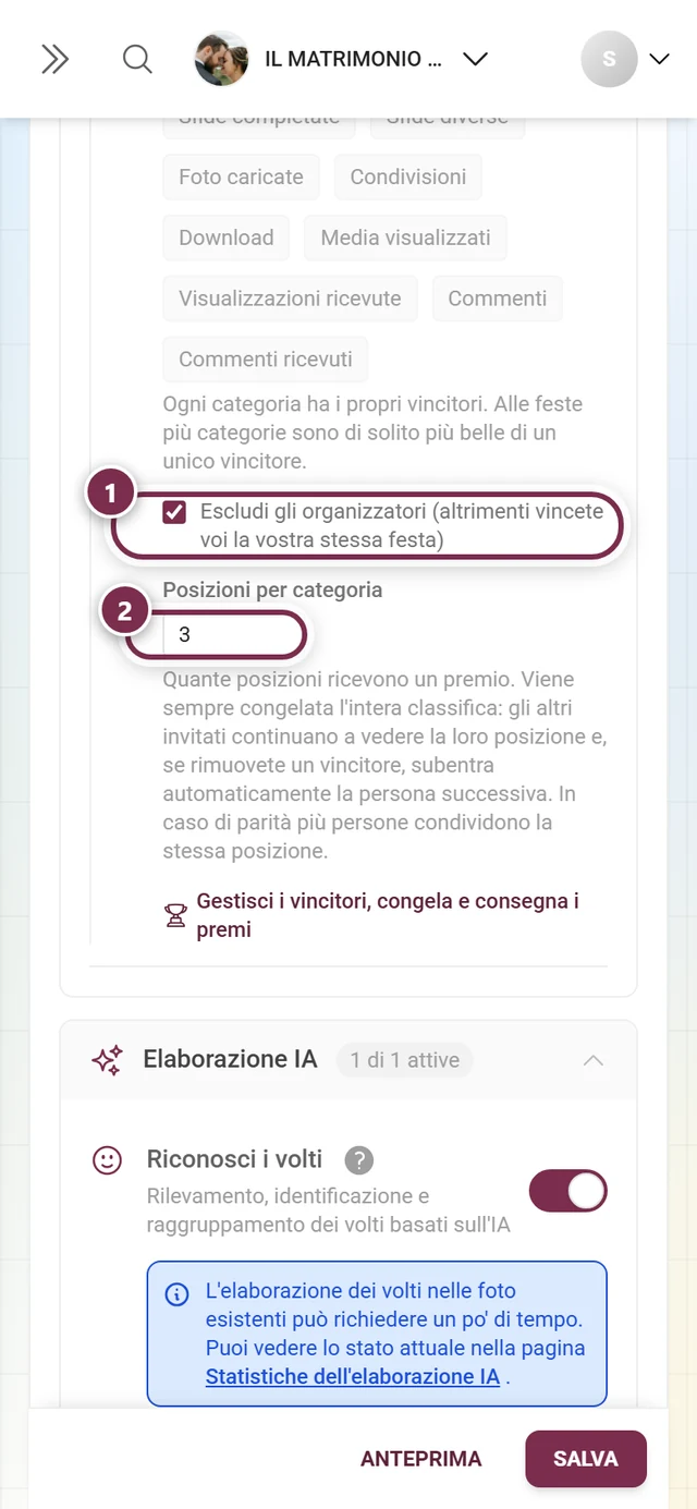 La casella Escludi gli organizzatori e sotto il campo numerico Posizioni per categoria con il valore 3