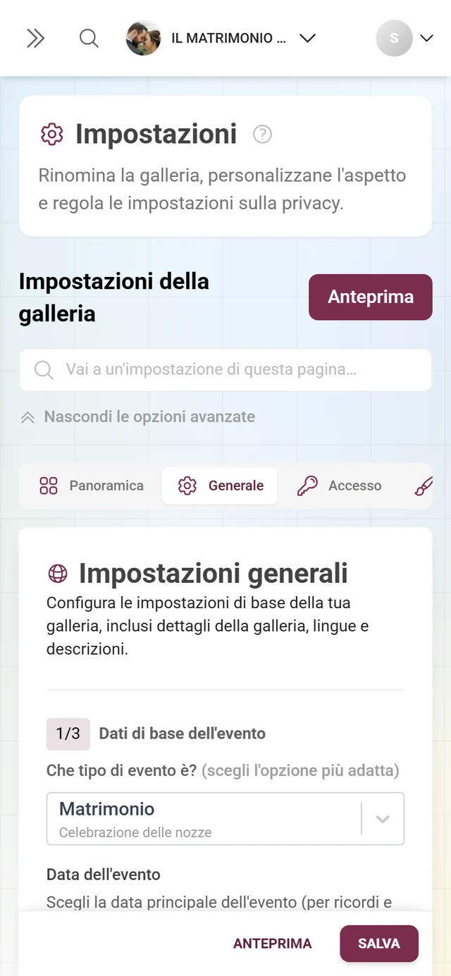 La scheda Generale delle impostazioni della galleria con le sezioni Dati di base dell'evento, Impostazioni della lingua e Contenuto della galleria