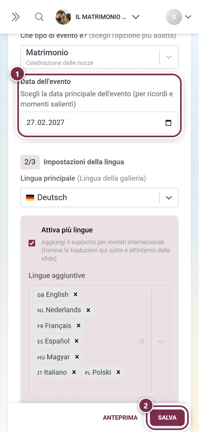 Campo Data dell'evento nelle impostazioni generali con evidenziazione e barra di salvataggio