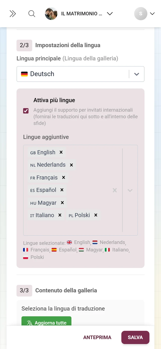 Sezione 2/3 Impostazioni della lingua con lingua principale e lingua aggiuntiva inglese