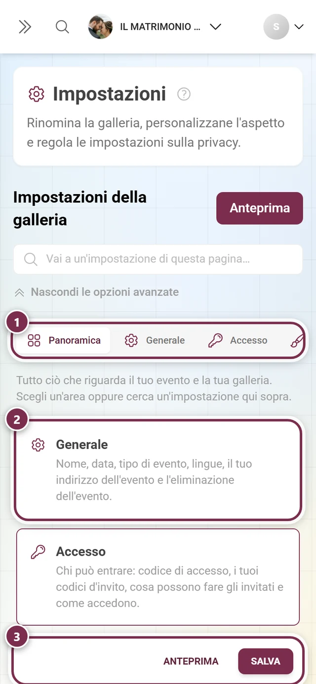 La scheda Panoramica delle impostazioni della galleria con un riquadro per ogni area