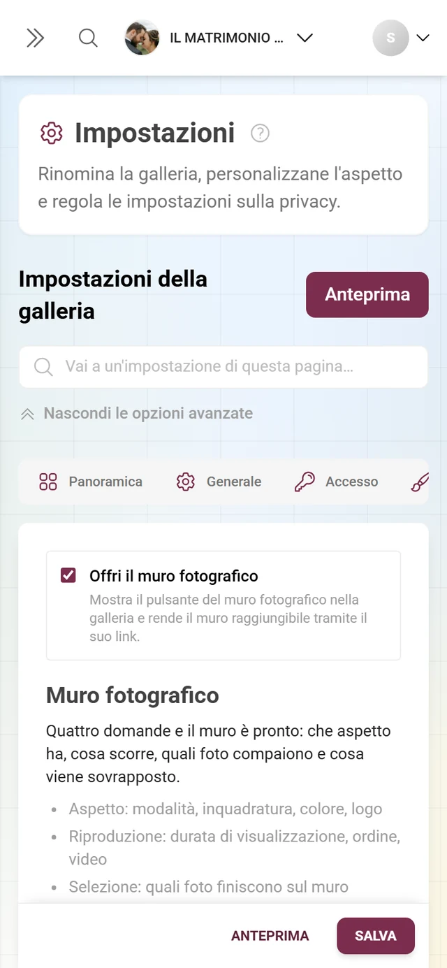 Le impostazioni del muro fotografico nell'area admin