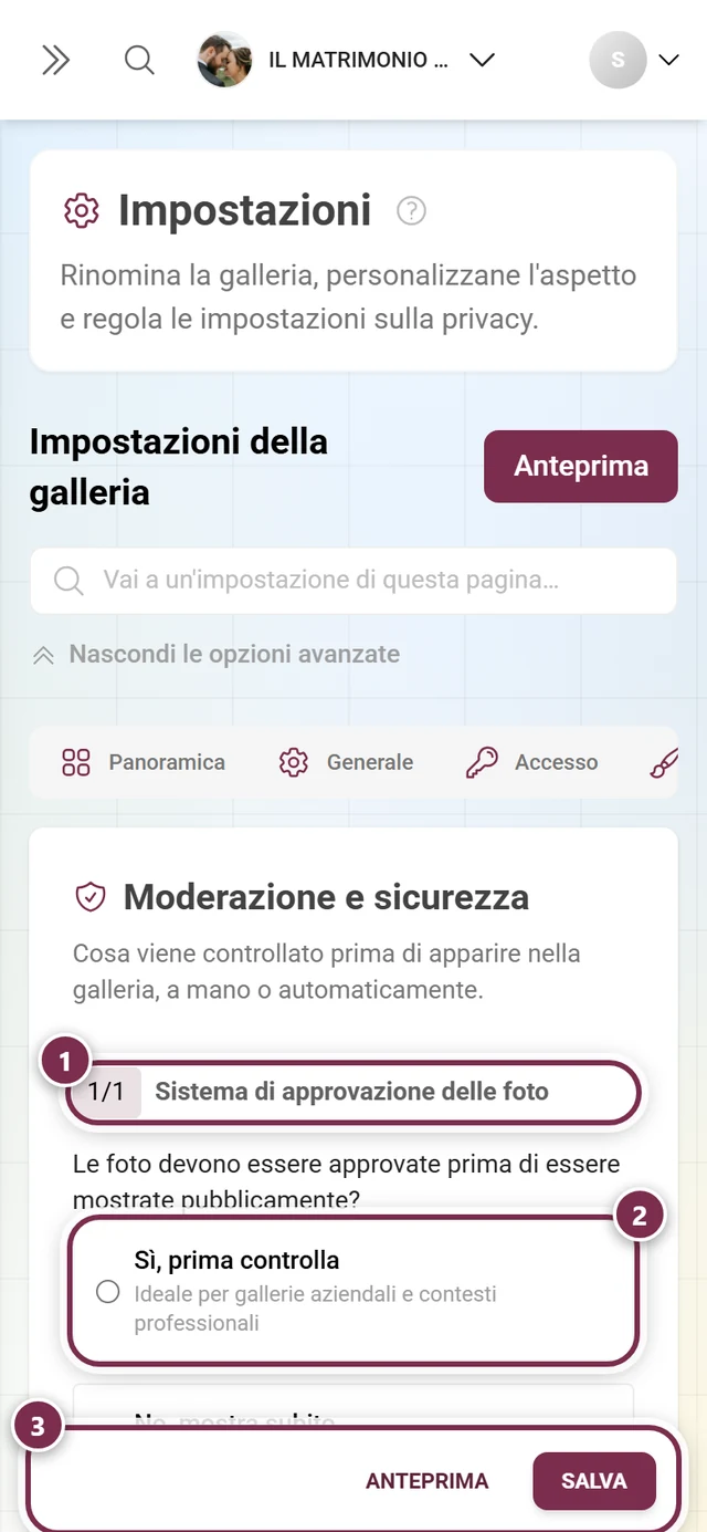 Scheda delle impostazioni Moderazione e sicurezza nell'area dell'organizzatore
