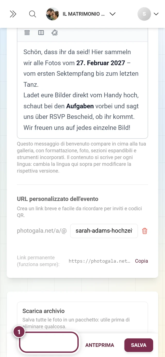 Sezione Scarica l'archivio con il link Vai al download evidenziato