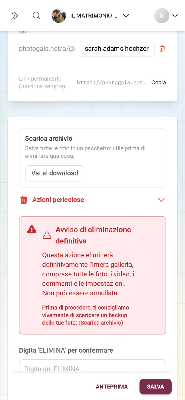 Zona pericolosa delle impostazioni dell'evento con le azioni di eliminazione