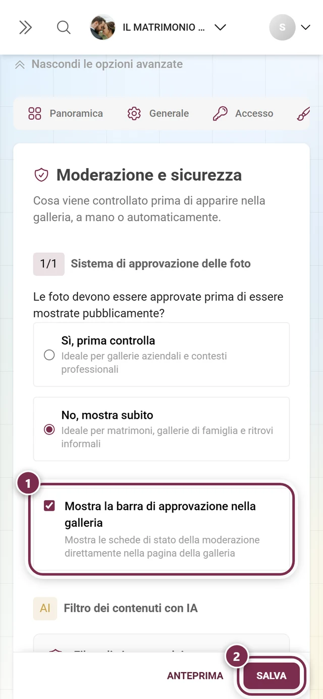 Scheda Mostra la barra di approvazione nella galleria con l'interruttore evidenziato e la barra di salvataggio