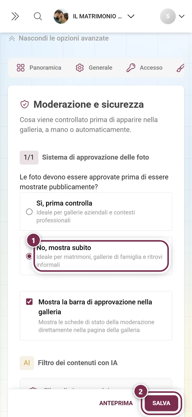 Impostazioni, scheda Moderazione e sicurezza, con la domanda sull'approvazione delle foto e la barra di salvataggio