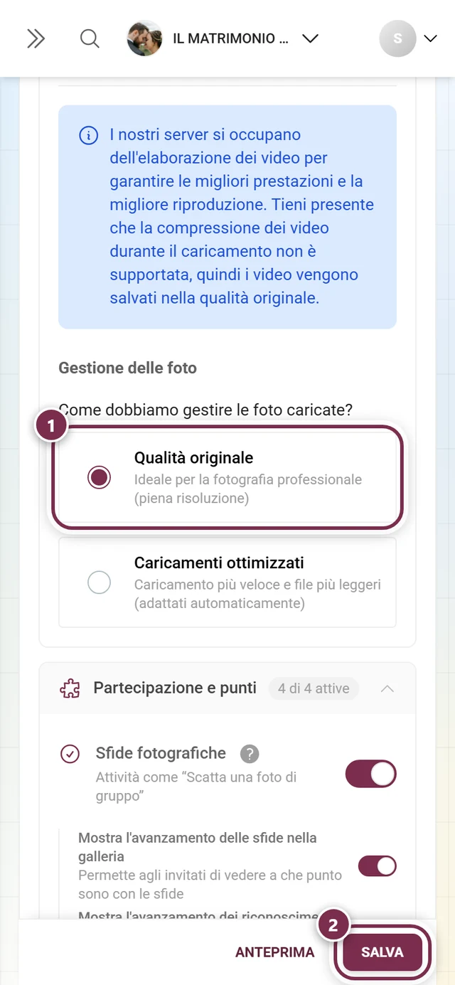 Gestione delle foto con l'opzione Qualità originale e la barra di salvataggio evidenziate