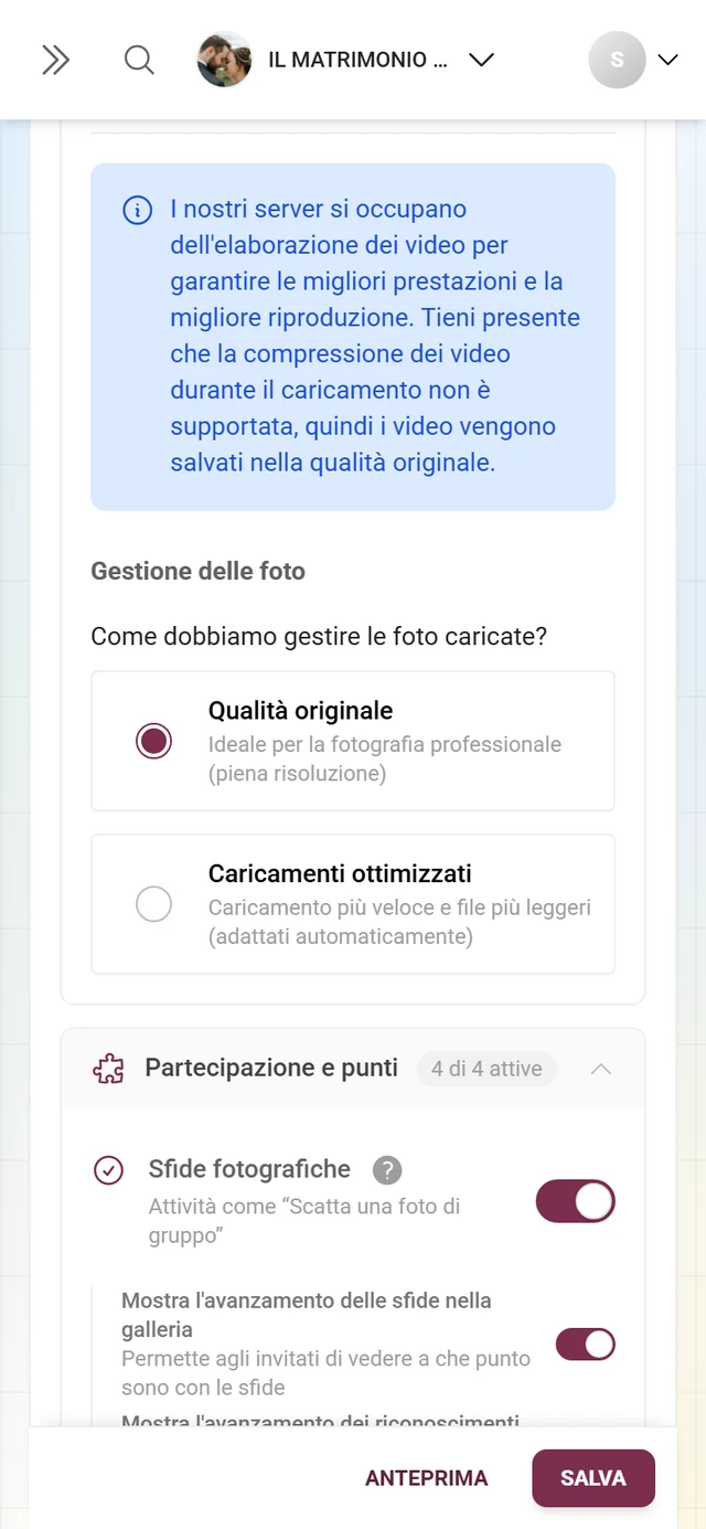 Sezione a scomparsa Media e caricamento con l'interruttore per i caricamenti di video