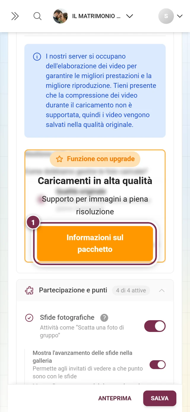 Blocco Gestione delle foto coperto da un avviso arancione di upgrade, con il pulsante evidenziato