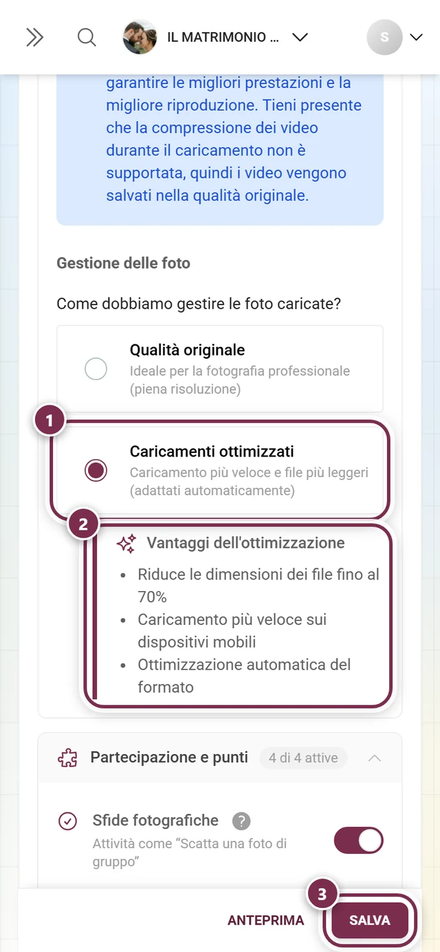 Caricamenti ottimizzati selezionato, sotto il riquadro Vantaggi dell'ottimizzazione, in basso la barra di salvataggio