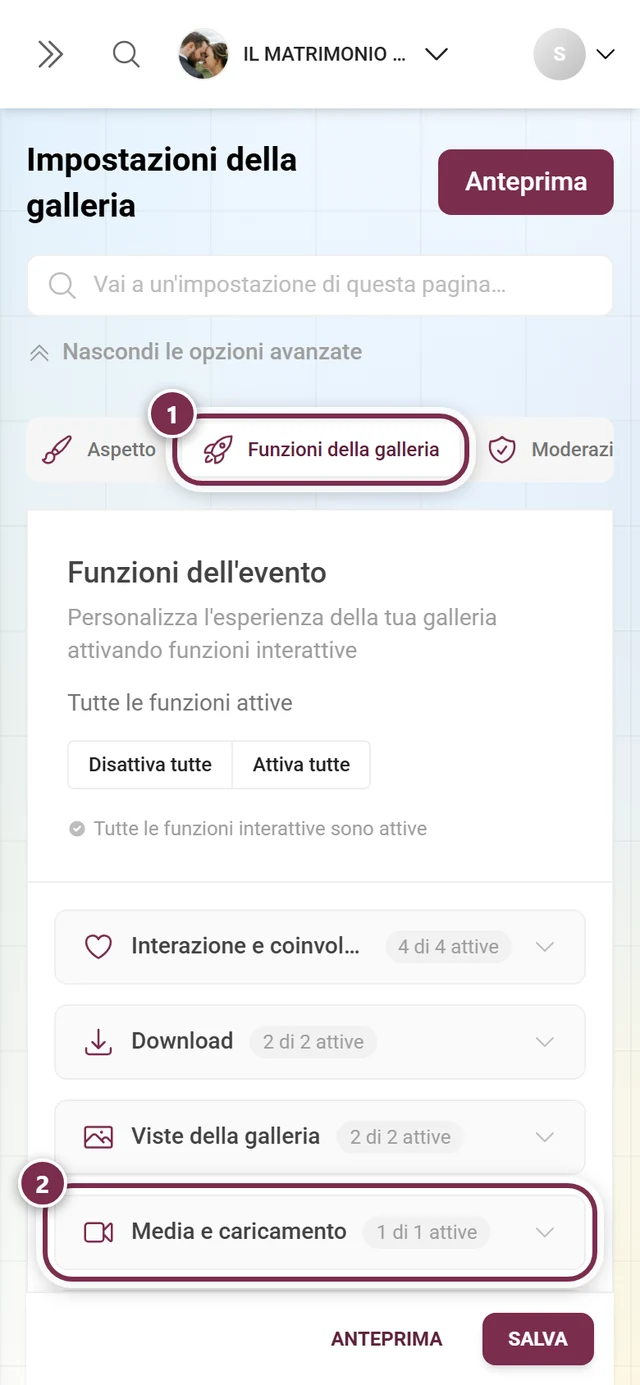 Scheda Funzionalità della galleria evidenziata e, sotto, la sezione Media e caricamento evidenziata
